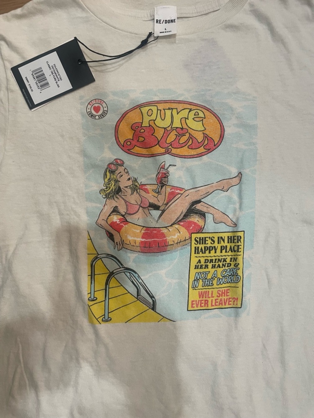Re/Done Off White Graphic Tee with Multicolor Retro Pool Print - Picture 2 of 4